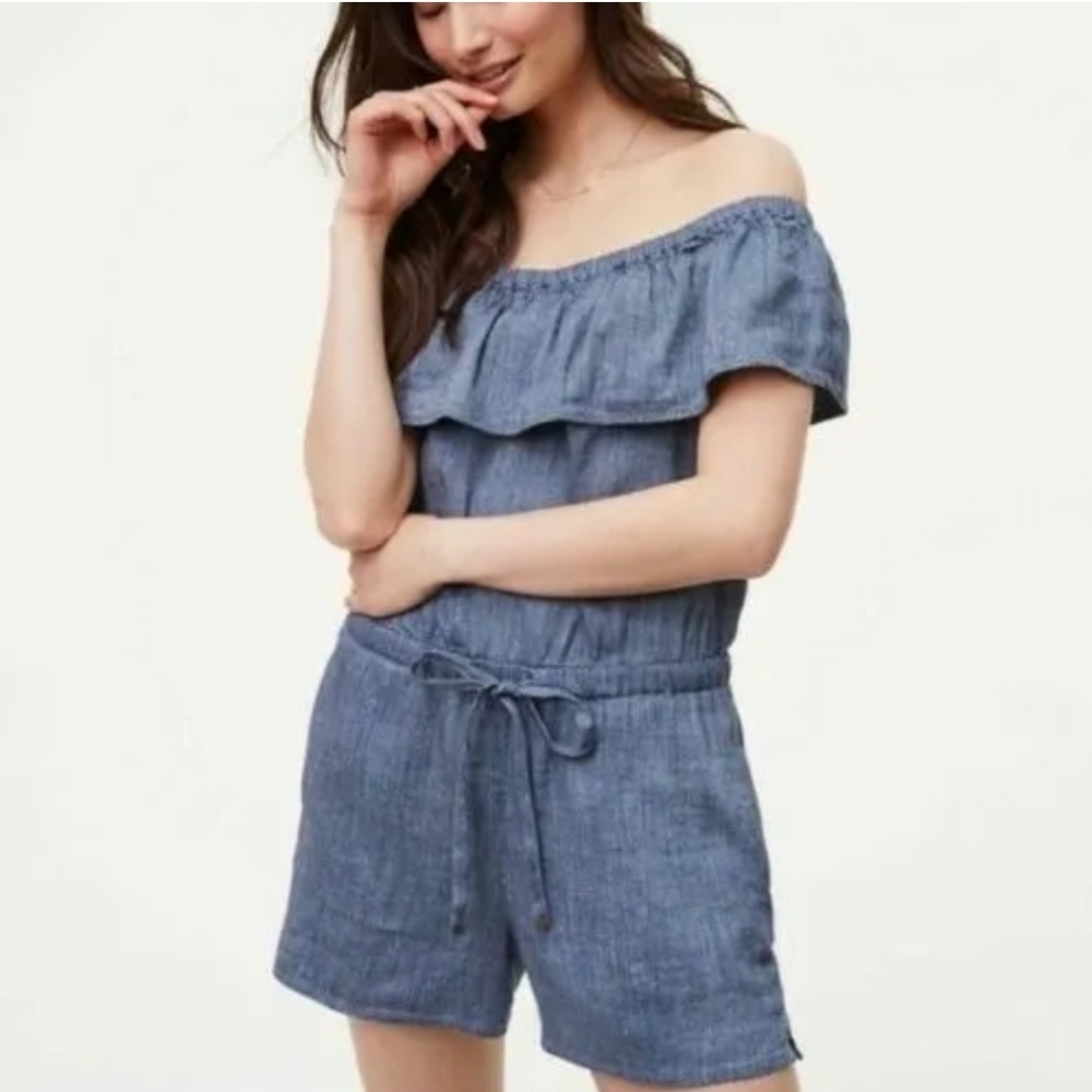 Loft Blue Chambray Off The Shoulder Linen Romper Wide Leg Tie Waist Boho Size S